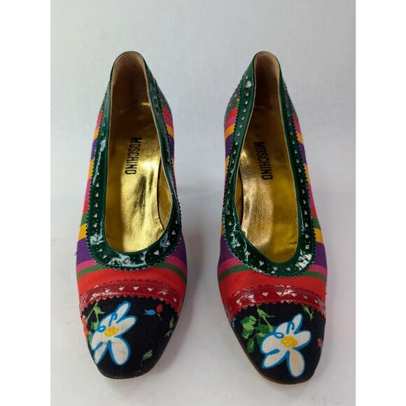 Vintage Italian Colorful Retro Boho City MOSCHINO Floral Stripe Heels 38 US 7.5